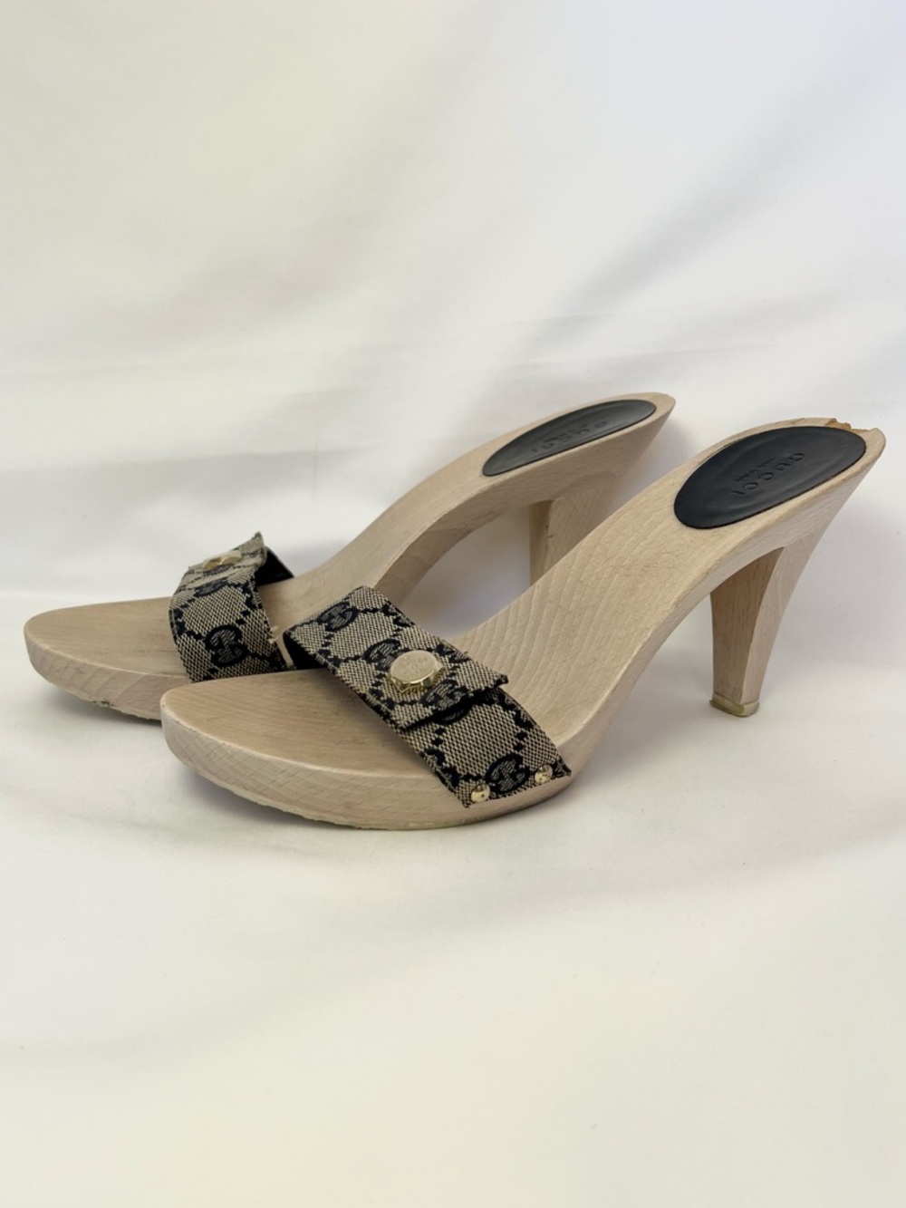 Gucci Vintage Wood-Heel Slide Sandals with GG Logo Size 9
